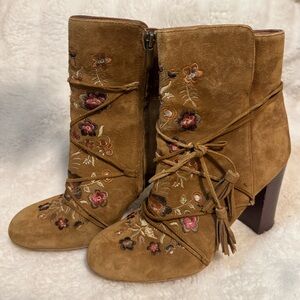 Sam Edelman Floral Embroidered Brown Ankle Boots